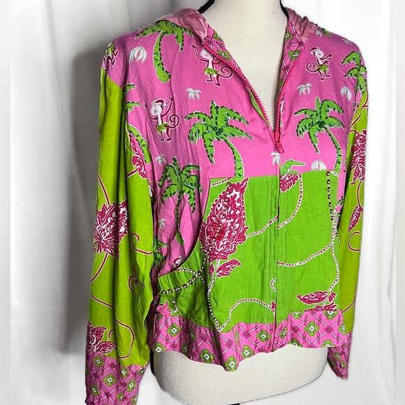 Tropical Pink and Lime Green Light Weight Zip Up Hoodie Jacket Size: S - Picture 3 of 6